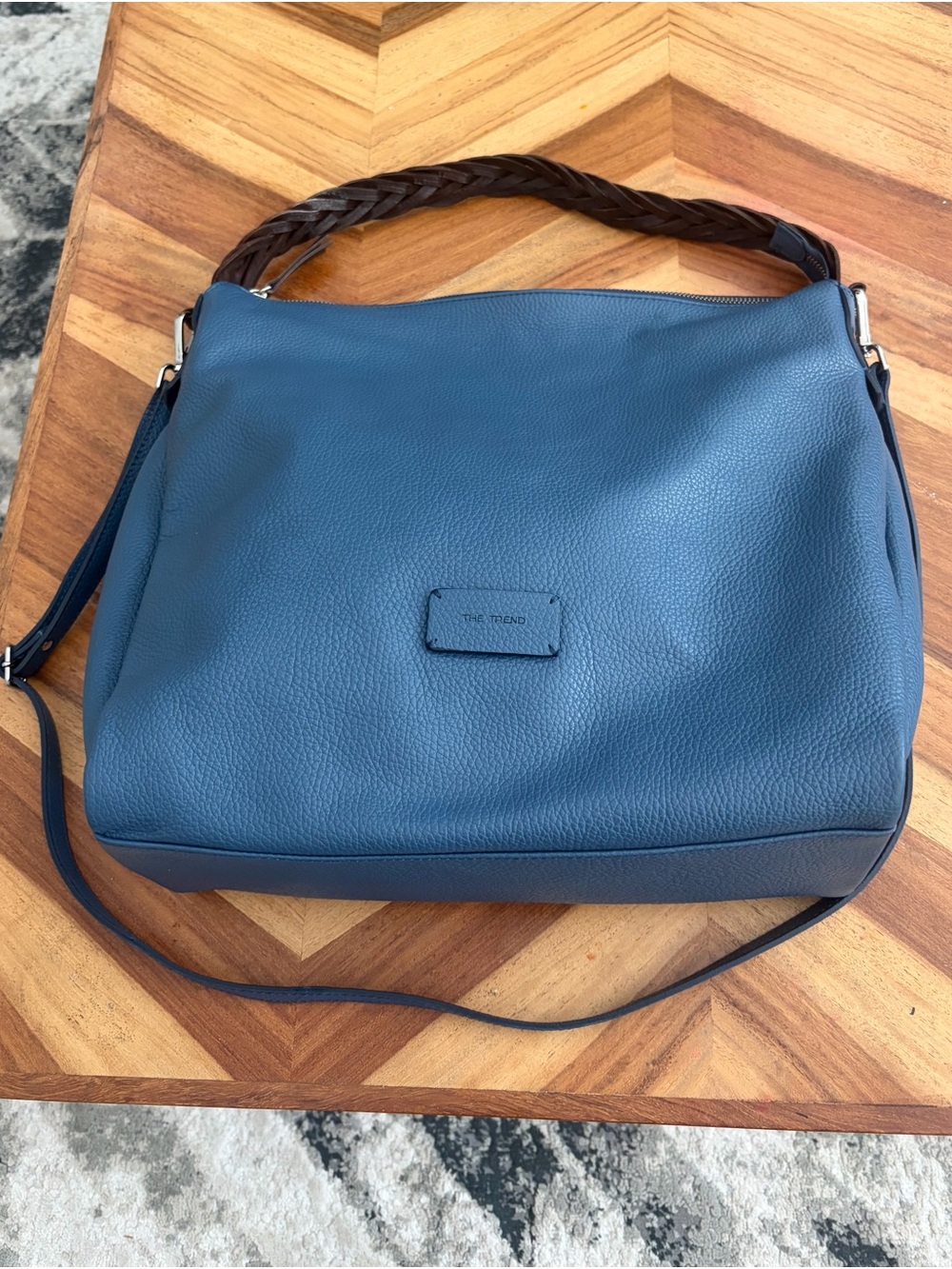 The Trend- Hobo Blue Leather Bag with Braided Brown Handle